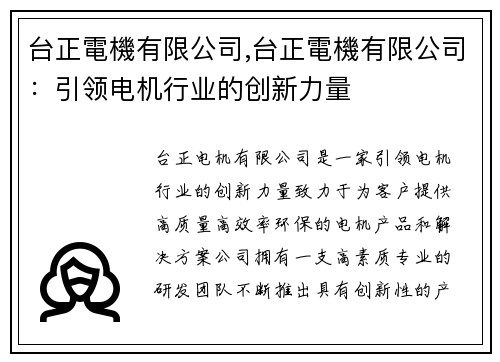 台正電機有限公司,台正電機有限公司：引领电机行业的创新力量